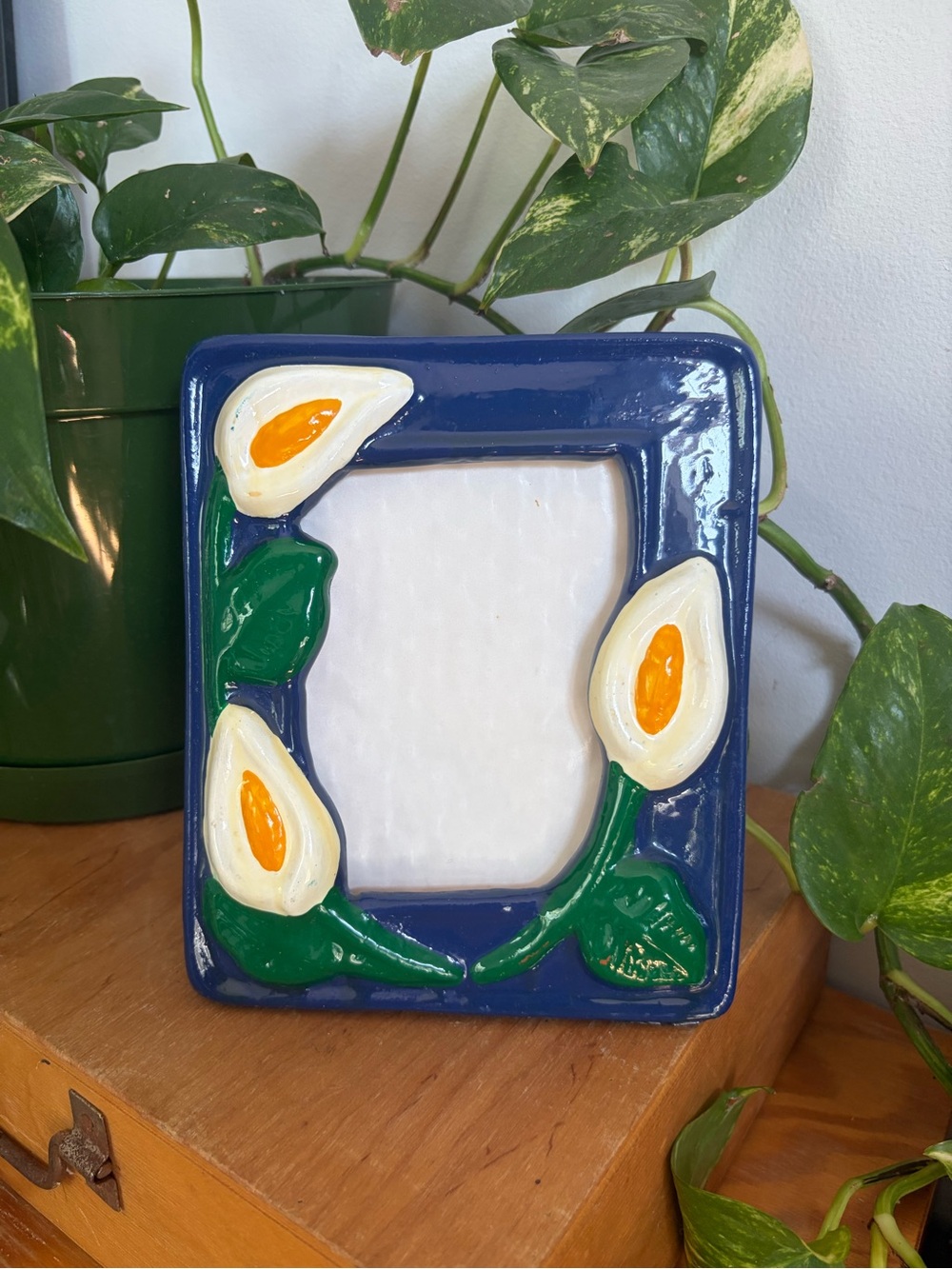Vintage Ceramic Calla Lily Photo Frame in Blue and Green